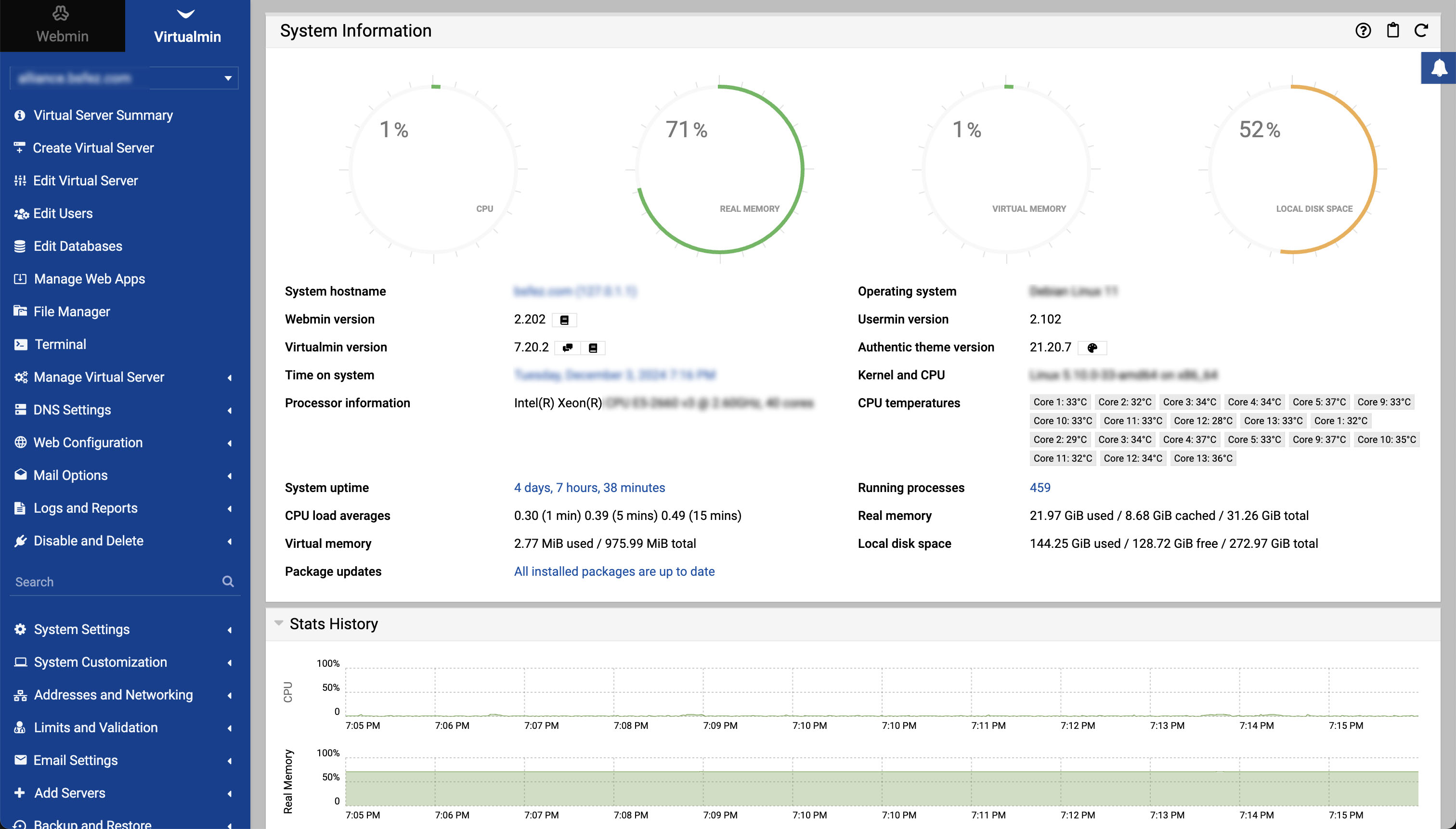 Virtualmin server control panel showing hosting configuration for managed sovereign infrastructure