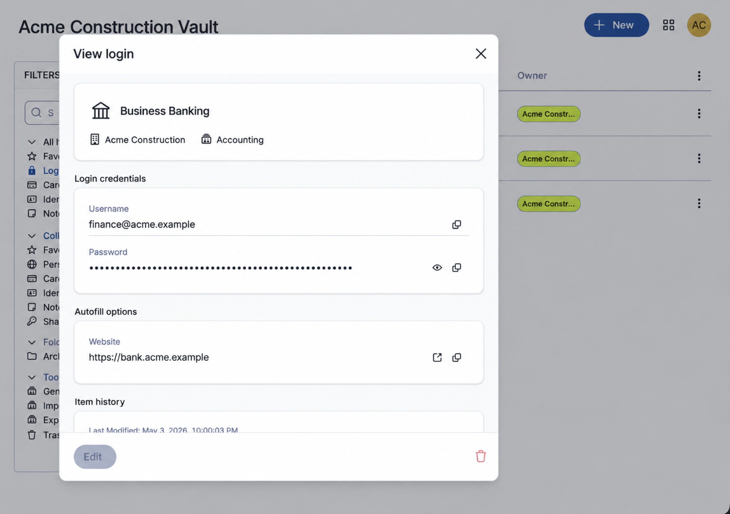 Vaultwarden Business Banking Credential Details